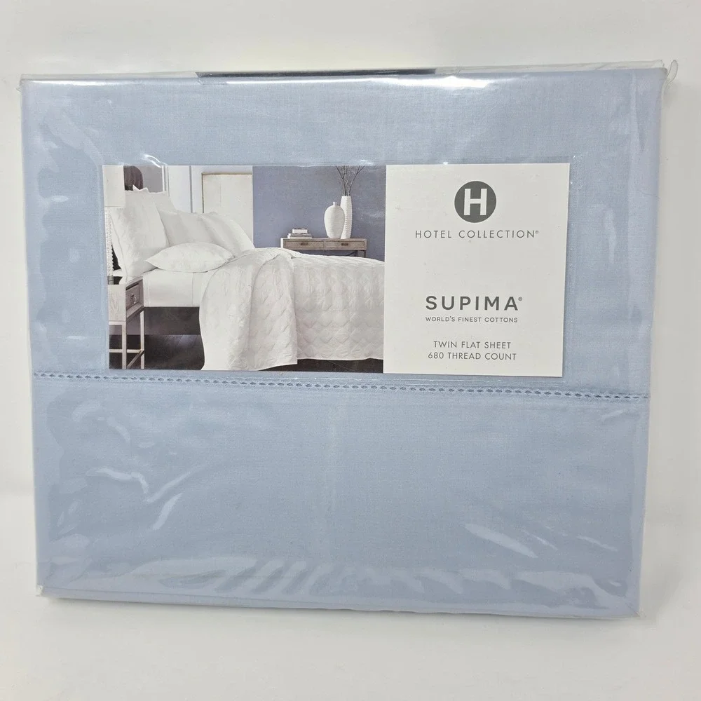Hotel Collection Supima 680 Thread Count Twin Flat Sheet Light Blue Hemstitch